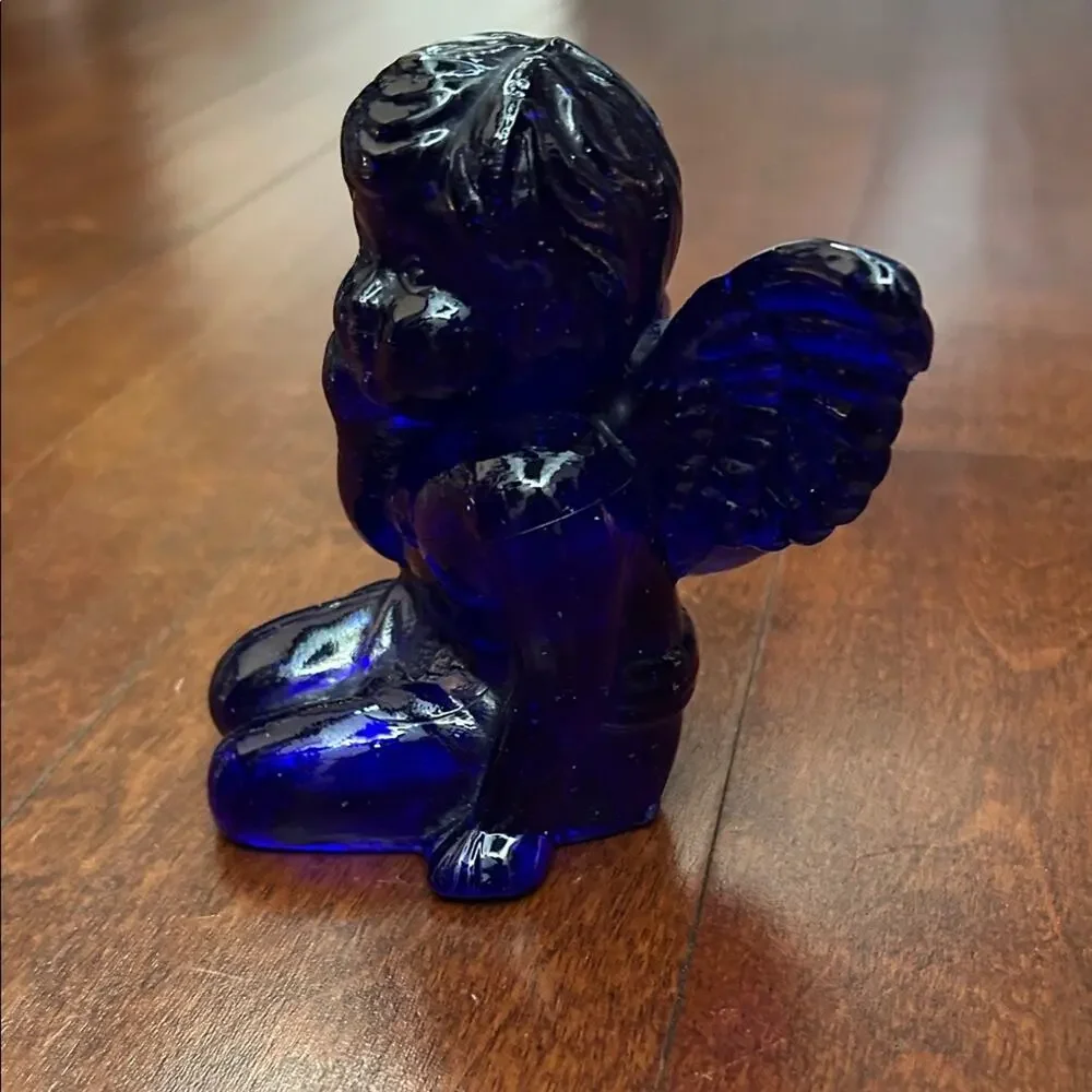 Vintage Deep Blue Cobalt Art Glass Cherub Angel Candle Holder